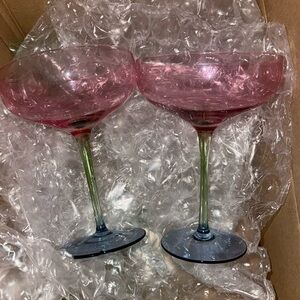 Pastel pink blue & green 2 set glass margarita glasses